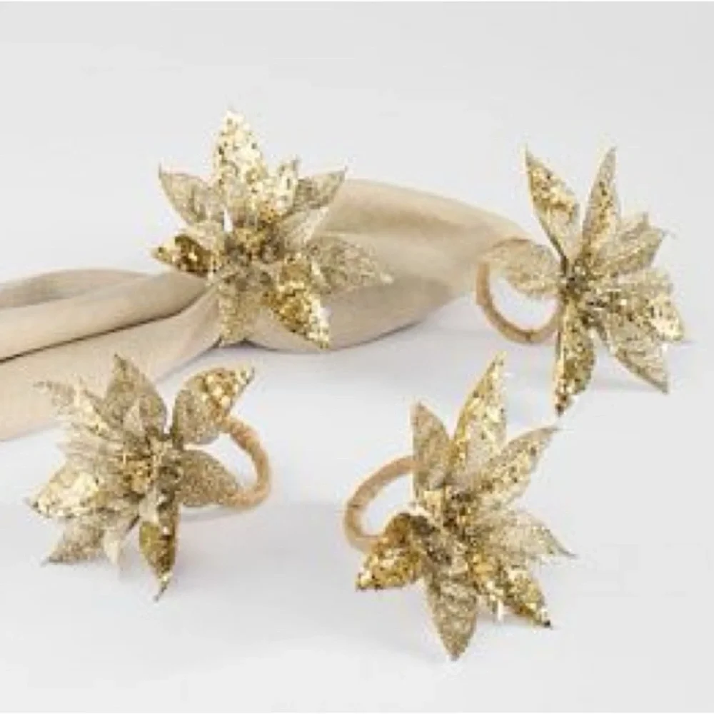 Pottery Born Set Of 4 Gold Leaf Poinsettia Floral Festive Holiday Napkin Rings